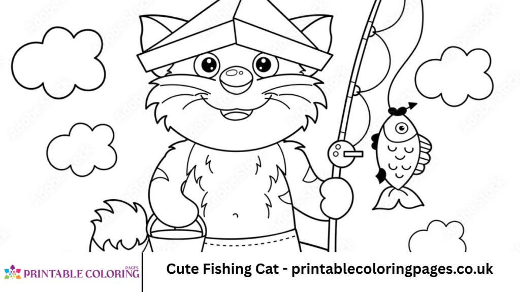 Cute Fishing Cat - printablecoloringpages.co.uk