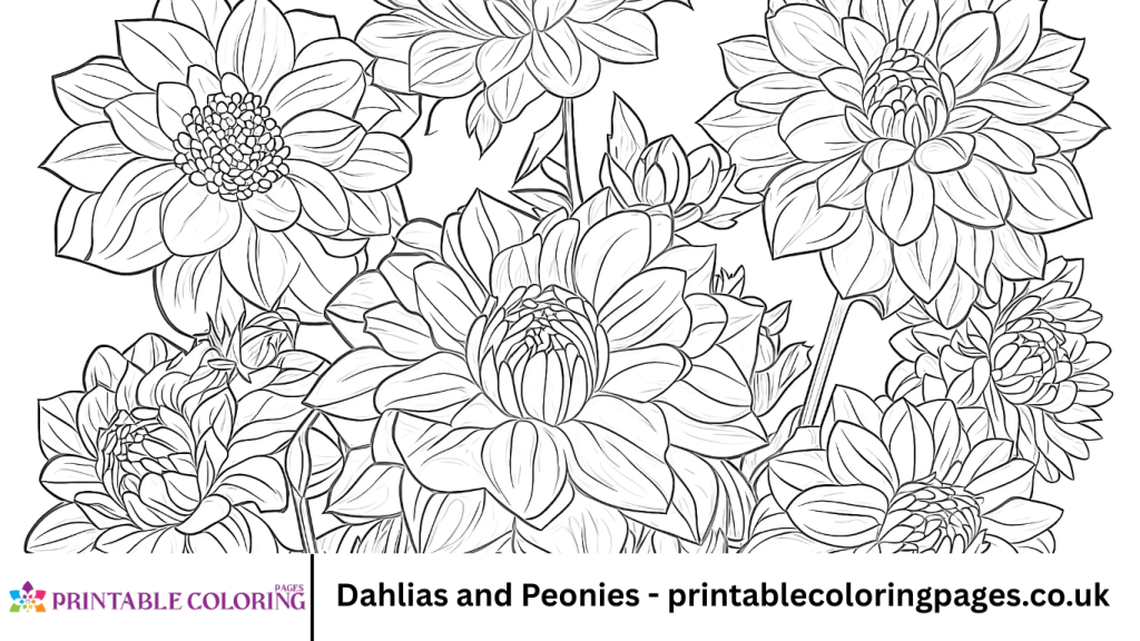 Dahlias and Peonies - printablecoloringpages.co.uk