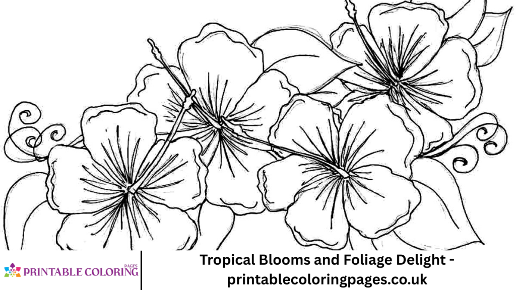 Tropical Blooms and Foliage Delight - printablecoloringpages.co.uk