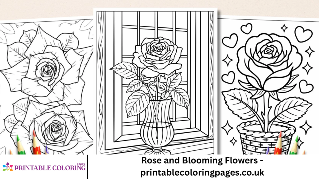 Rose and Blooming Flowers - printablecoloringpages.co.uk